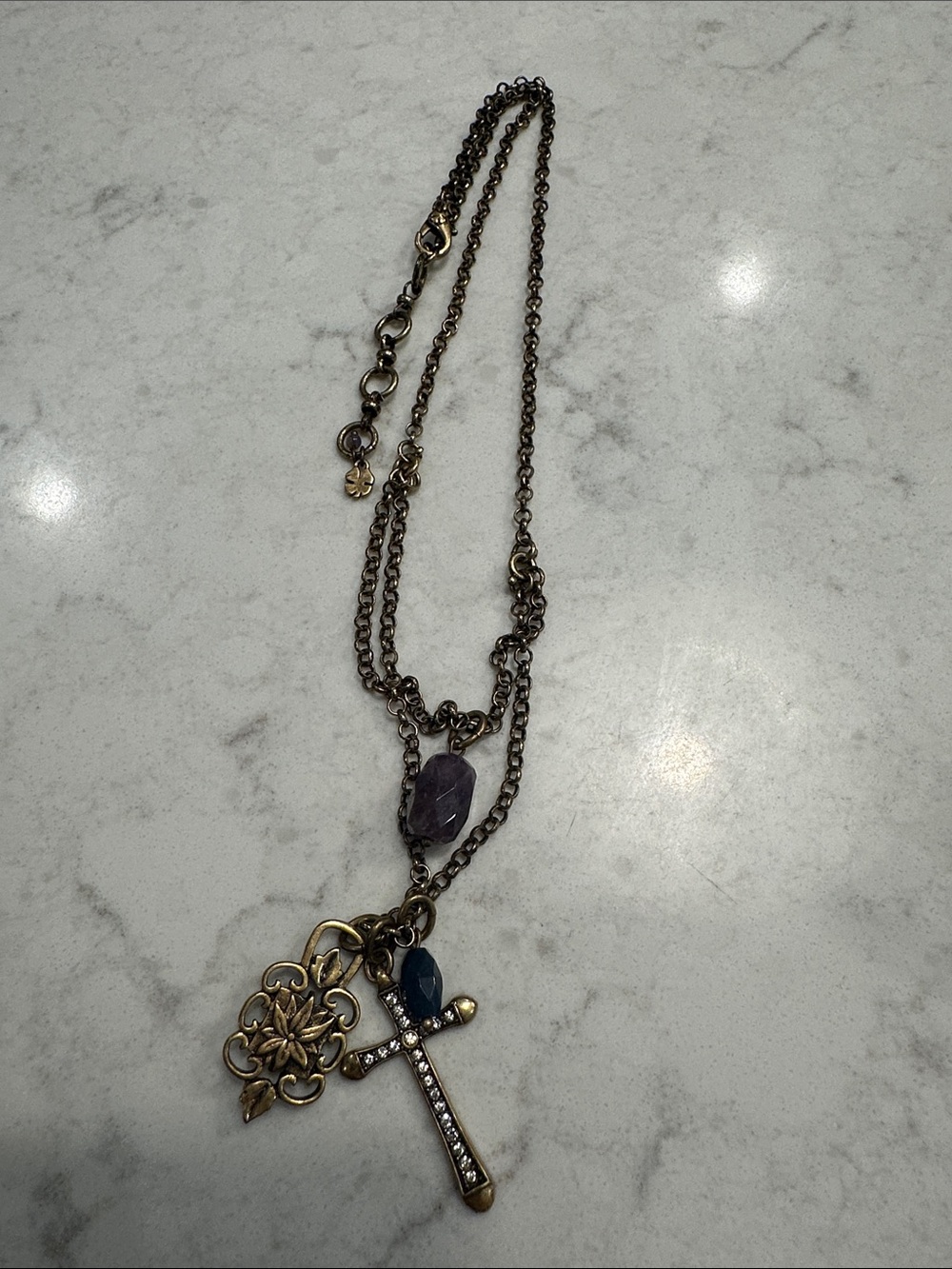 Lucky Brand Antiqued Gold-Tone Cross Necklace with Purple and Blue Gems